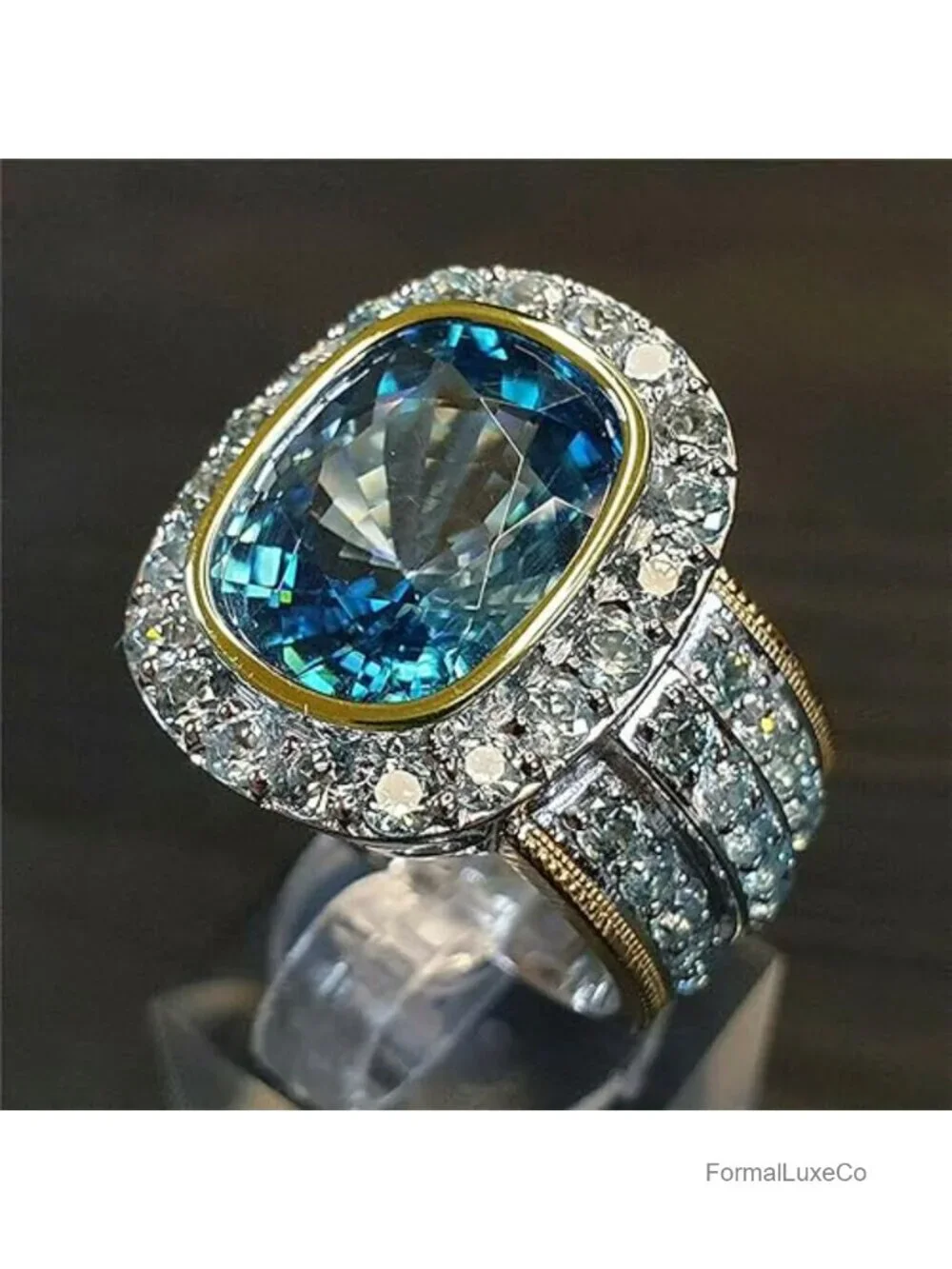 Sterling Silver & 18K Gold Plated Cocktail Ring with Blue Sapphire & CZ Stones